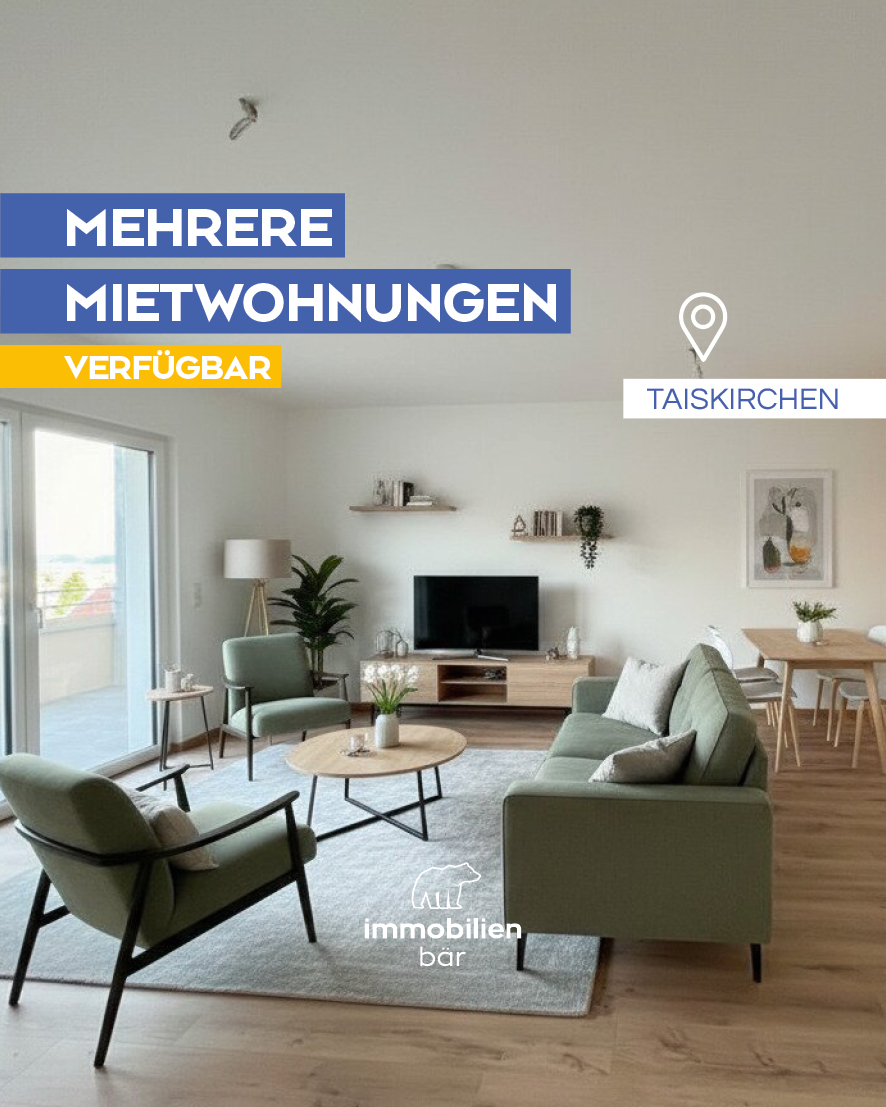 In Taiskirchen stehen direkt im Zentrum mehrere moderne Mietwohnungen zum Einzug bereit. Auf dich warten modern ausgestattete Wohneinheiten mit 2–3 Zimmern und 56–77 m² Wohnfläche. 🏢✨🛋️
Zu jeder Wohnung gehört ein Parkplatz 🚗 sowie ein Kellerabteil 🗄️, außerdem stehen Freiflächen wie Balkone 🌇, Terrassen ☀️ oder Eigengärten 🌿🌸 zur Verfügung.
Besichtigungen sind ab sofort mit Stefan 👨‍💼 möglich – melde dich für einen Termin bei uns! 📩👀🔑