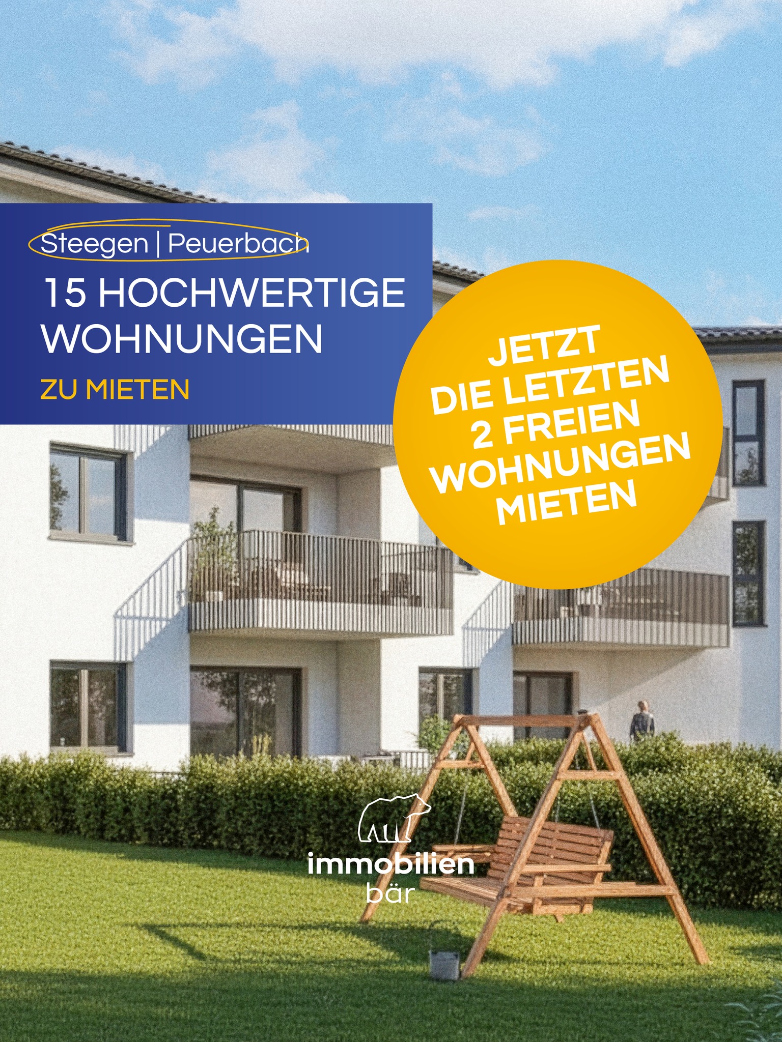 🏡 Schnell sein lohnt sich!
In der neu errichteten Wohnanlage im Wohngut Steegenbach sind nur noch zwei Mietwohnungen frei. 🔑
Hier profitierst du nicht nur von der tollen Lage, sondern auch vom Erstbezug. Alles erstrahlt in neuem Glanz. ✨
Nutze deine Chance und melde dich jetzt bei Stefan für eine Besichtigung! 📞
#WohngutSteegenbach #Mietwohnung #Erstbezug #Immobär #Immobilien